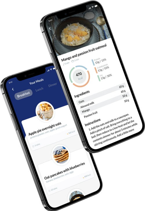 Coaching app features - detailed overview of nutrition and meal planning